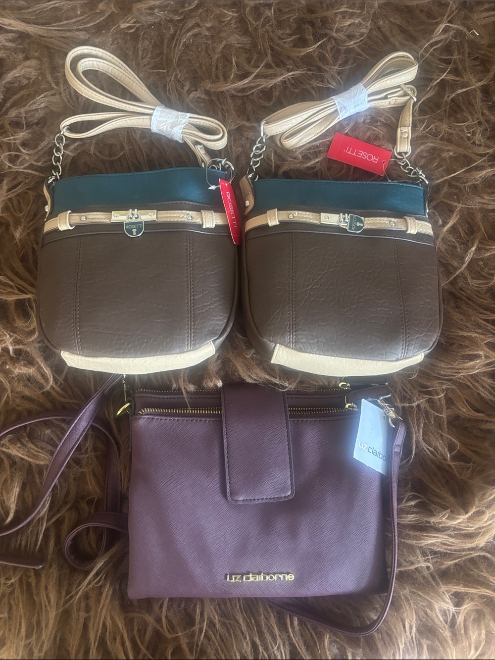 Liz Claiborne Purple and 2 Rosetta Brown/Tan/Teal Crossbody Purses Set All 3 NWT